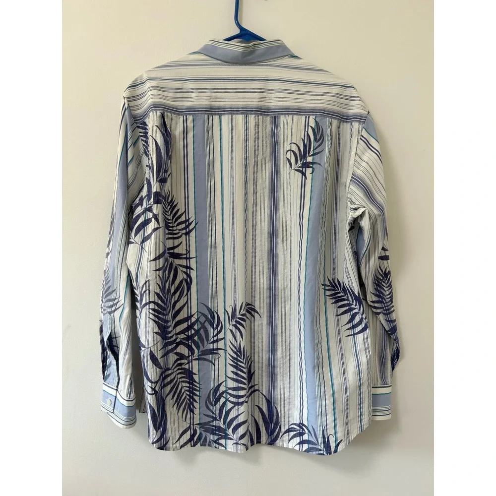 Tommy Bahama Mens Large Blue White Stripe Palm Leaf Long Sleeve Button Shirt‎